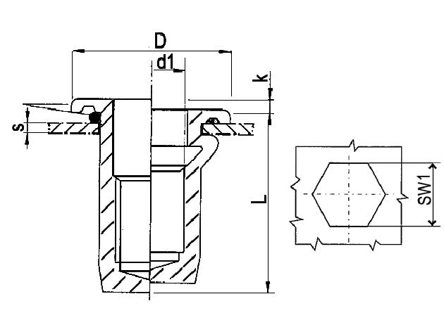 d1 = M6 (závit); D = 15 (mm); L = 23,0 (mm); s = 0,5-3,0 (mm); SW = 9 (mm); 